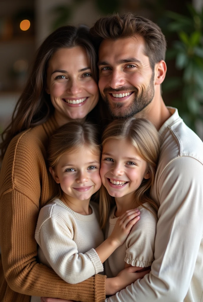 blonde child 8 year blue eyes hugging her father medium brown hair and brown eyes and her mother blonde green eyes long hair in london home 8k ultra realistic photorealistic