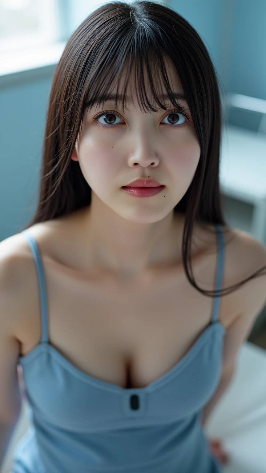 Highly detailed CG Unity 8k wallpaper, top quality, super detailed, masterpiece, realistic, photorealistic, highly detailed cute girl, (25 years old),(white micro bikini), blush, round eyes, medium breasts, viewer, half body shot, toilet, lay down , parted bangs