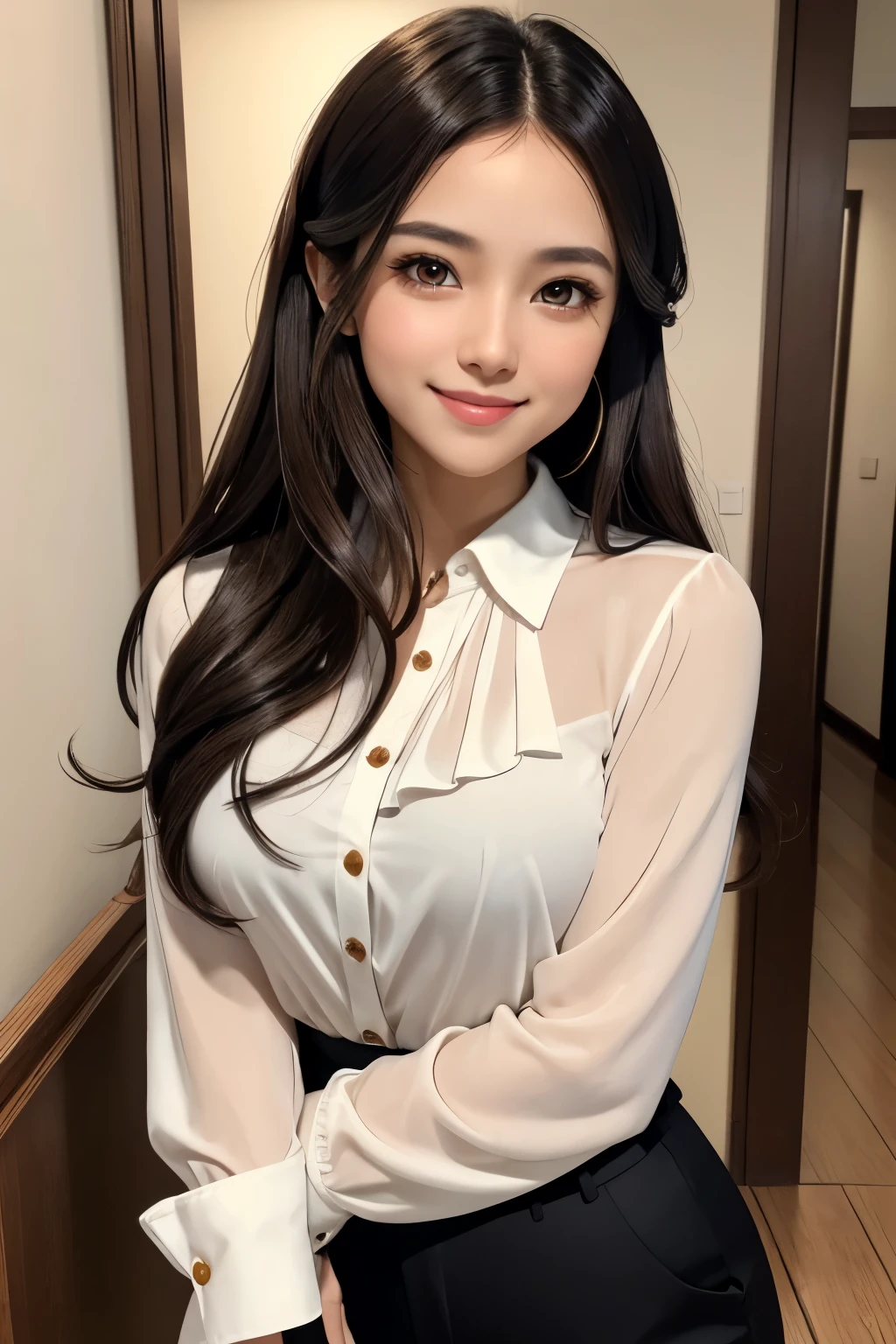 Amazing portrait of a sexy woman with warm brown eyes and long dark hair styled in a professional yet approachable updo with a seductive smile, having a healthy, glowing complexion and a slender, petite build, wearing a colorful blouse and slacks
