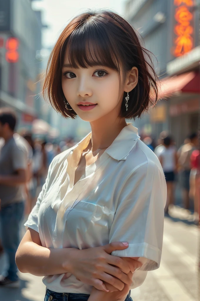 (64K、UHD、top-quality、masterpiece:1.2)、(realisitic、Photorealsitic:1.37)、ultra-detailliert、 1 人、cute little、独奏、Beautiful detailed sky、Detailed Cafe、natta、sitting on、date、(Nasal blush) )、laugh、small tits、Beautiful fine eyes、(shirt with collar:1.1)、natta、Wet、Transaction service、Sateen、White lace、(short-hair:1.2)、Float NovaFrogStyle、toppless、