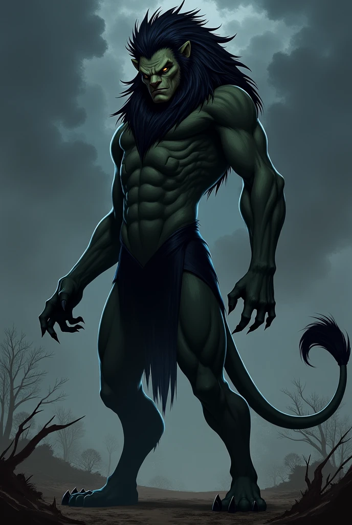 , by Bonifasko, solo, portrait of a ogre, anthro, small head, muscular, mesomorph, muscular, fur, forest, trees, anthro, mane, hi res, detailed, tail, male, strong body, looking at viewer, sky