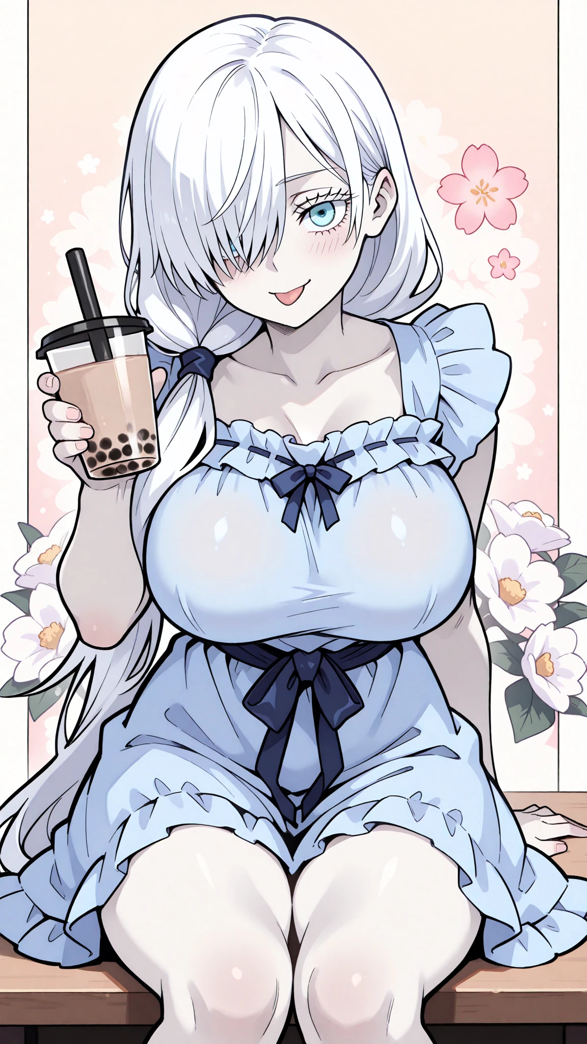 (tmasterpiece:1.4), (Best quality at best:1.4), Japanese cartoon,comic strip, 1个Giant Breast Girl,delicated face,huge boob,hand free_airbubble_teas_challenge,Bubble tea,Breast milk tea,Neil 2b,White hair,blindfolds