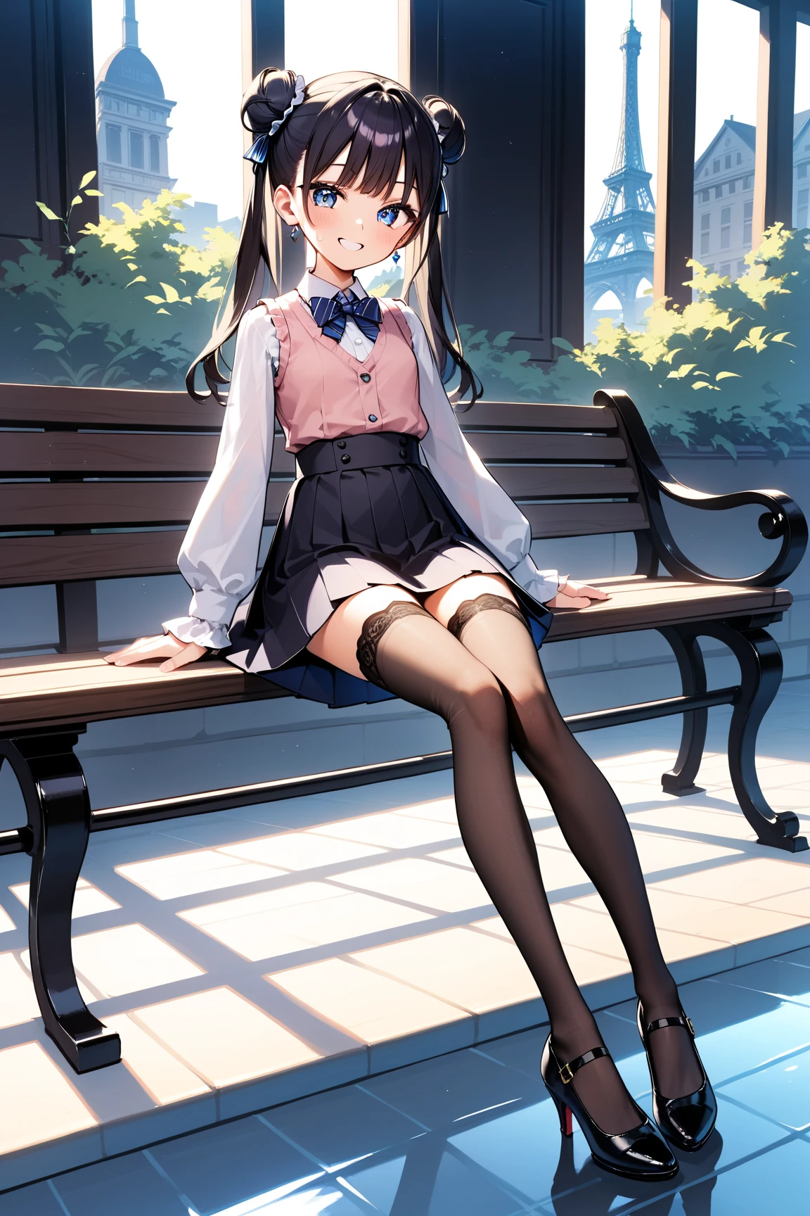 masterpiece, highest quality, 1 girl, solo, 6 years old, (flat chest), Ingrid, Hair Pod, gloves, skirt, pantyhose, bow, dress, black pantyhose, black panties under pantyhose, pink panty, church, View from between the legs,leg up, show off pussy, sit on a bench,