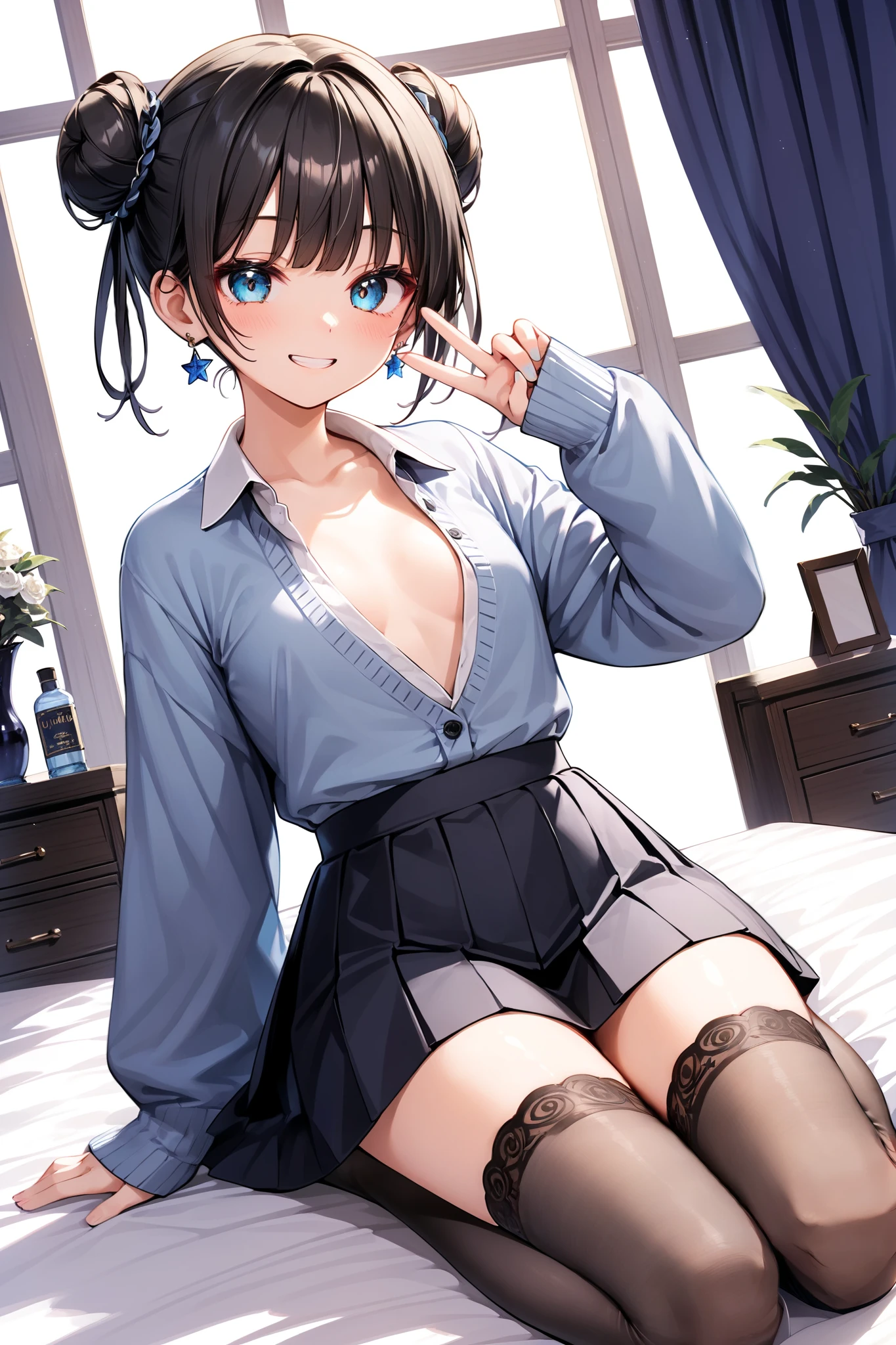 (masterpiece, best quality:1.37), highres, ultra-detailed, ultra-sharp, BREAK, Korean office queen, (((1girl:1.37, solo))), (beautiful anime face, cute face, detailed face), (brown hair, thin hair, short hair, bangs, hime-cut), detailed beautiful cyan eyes, BREAK, ((detailed blouse:1.5)), (detailed short skirt:1.5), BREAK, lovely look, earing, detailed clothes), light smile, closed mouth, parted lips, pink lipstick, BREAK, ((sitting the couch, spread legs, hands between legs, leaning forward)), detailed human hands, HDTV:1.2, ((detailed sunset office room view background:1.3)), 8 life size, slender, anime style, anime style school girl, perfect anatomy, perfect proportion, inspiration from Kyoto animation and A-1 picture, late evening, excellent lighting, bright colors, clean lines, photorealistic