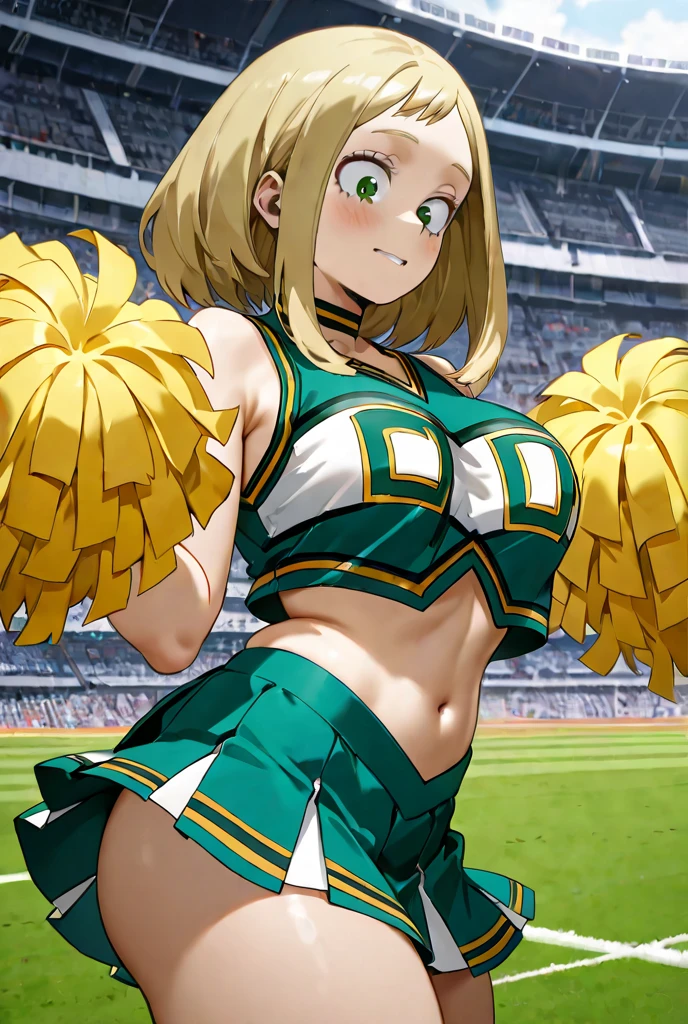 A girl with a big breast, beautiful, crazy, psycho, beautiful, sexy, pretty, hair, braid, yellow ball, shine, short, cut her eye, brown, sleepless, eye, stress, good mood, dresses in an orange top with a green stripe, a sleeveless cheerleader, shows her navel and a short bright orange skirt, a black heel, sex, love, uterus.
