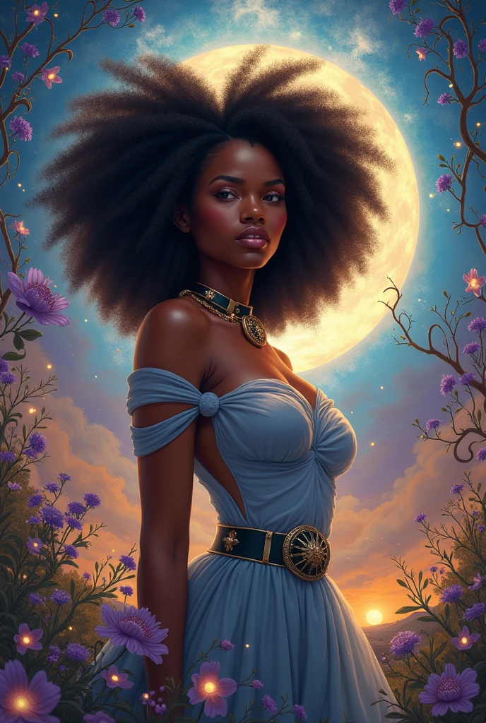 Pino Daeni, (1golden filigree clock), ((beautiful black Ethiopian woman )) clear defined facial features, soft black hair, stunning blue eyes, attractive hourglass figure, fitted blue sheer wrap dress, celestial, astrotraveler, painted illustrations, flare, sparkling stars in a blue galaxy, twilight, ornate masterpiece, Korean comic realism, cinematic, crystallography by Friedrich Haag, medium camera shot, high angle, tessellation by Maurits Cornelis Escher, zodiak, intricate details, depth of field, by Kay Nielsen, Diane Dillon, Julie de Graag, vibrant night sky colors, nightcore, softly lit face, 16K, best quality 