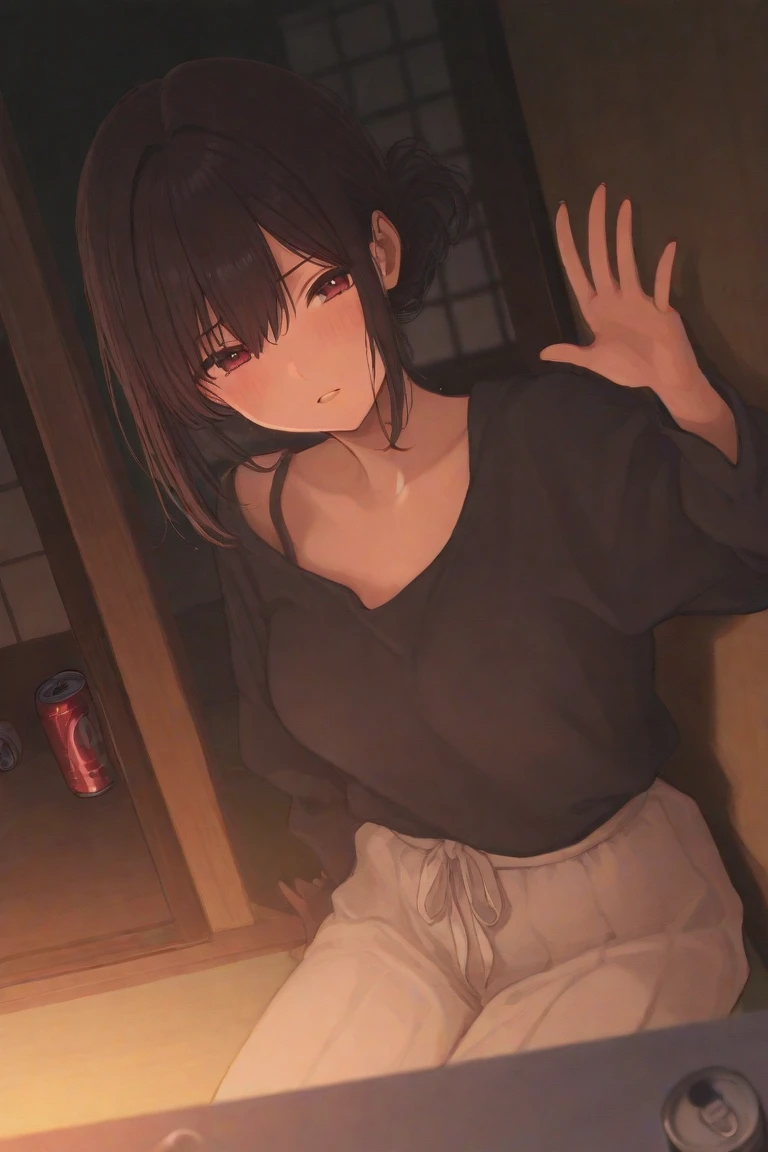 Wooden corridor of the temple,dark,smile,Sit and watch the fireworks,Place your hands behind your back,close your eyes,1. small ,short hair,Black Hair,blush,White T-shirt,Olive green shorts,White skin,From below,Sweat,night中,night,