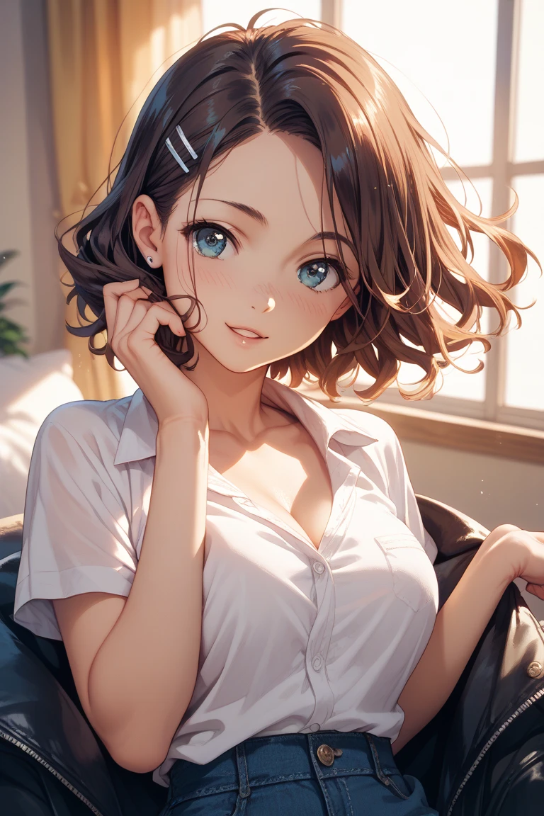 girl in summer clothes, casual dress, making as if she wants to kiss you, (girl bending down looking at camera), medium breasts, cleavage, random background, flirtatious look, ((very detailed)), (perfectly detailed face), (well detailed hand) photorealistic image. highly detailed, et dramatique, lighting cinematic, Lighting scene, soft lights
sultry look, seductive,