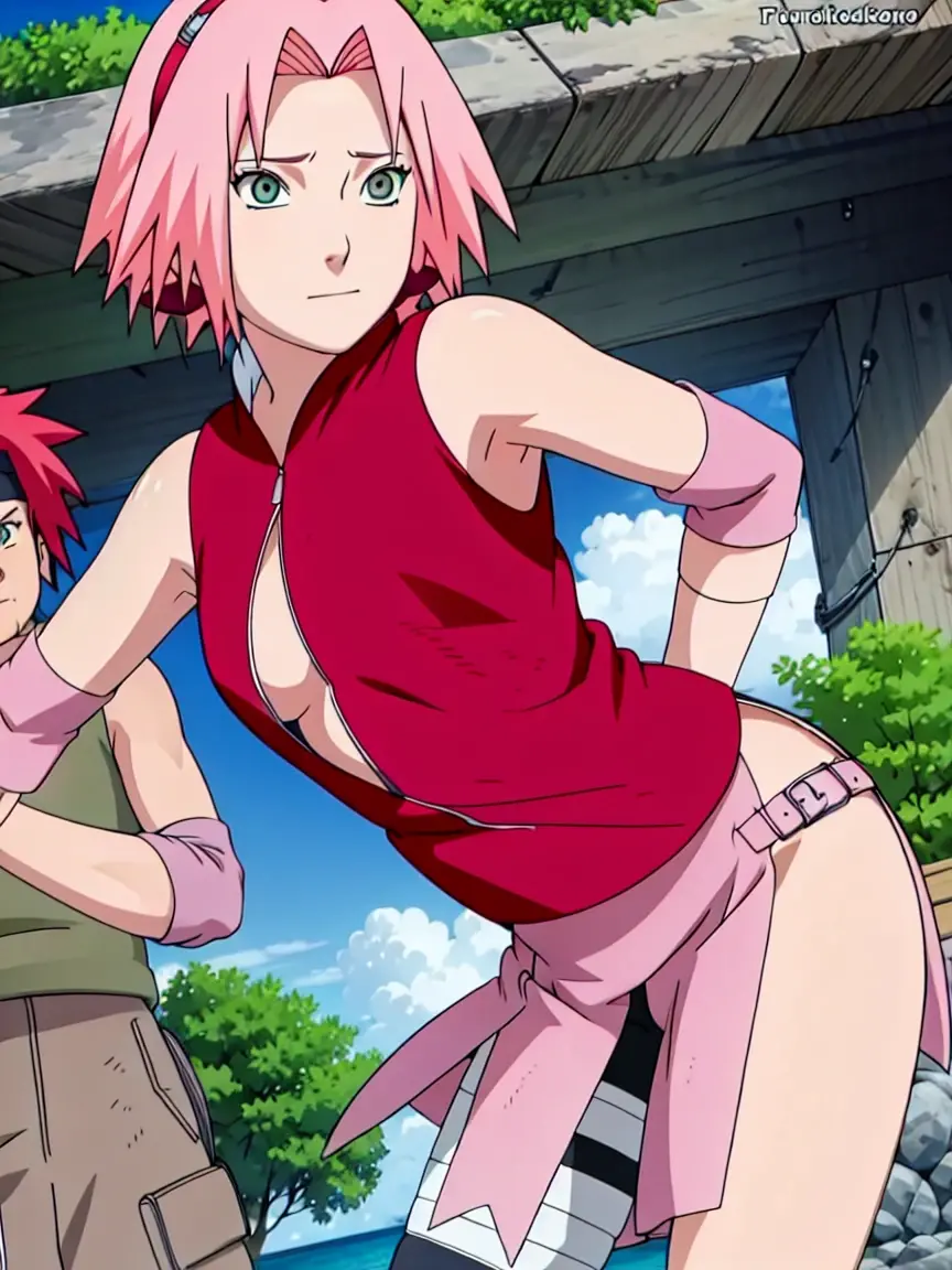 Sakura Haruno showing her armpit open blouse open zipper ripped blouse open shirt ripped shirt showing sexy chest and belly.