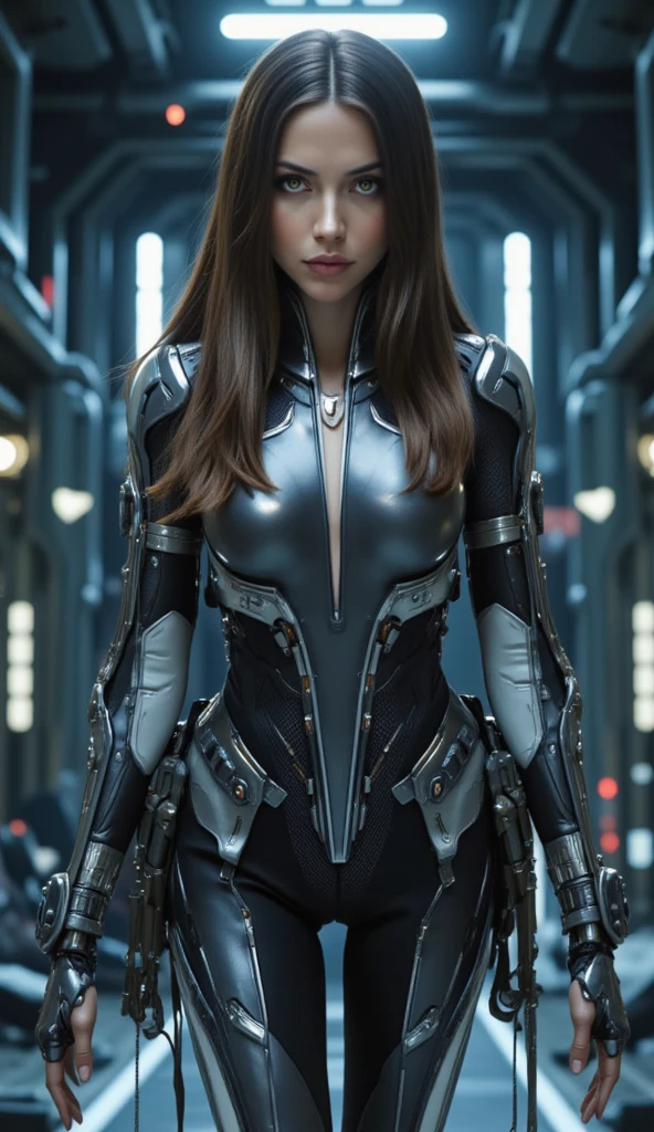 arafed woman in a futuristic suit standing in a room with many metal objects, still frame from prometheus, by Huang Ding, white russian clothes, rendering of beauty pageant, mesh headdress, machine elves, luxury advertisement, shoulders can be seen, cyber patterns, still frame from a movie --ar 16:9