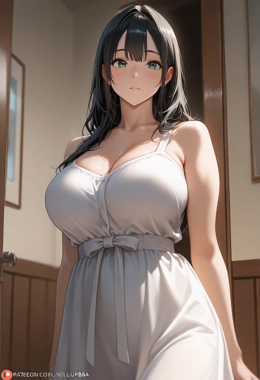 Koyomi Mizuhara, long hair, brunette female with bangs, eyes, glasses, tank top, huge breasts, medium plump ass, tight medium dress, slender figure, athletic build, standing, skinny waist, sexy sultry gaze, sexy lips, cleavage, hourglass figure, Portrait, close up