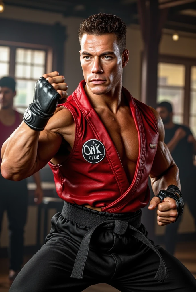 Handsome guy, 25 years old, master work, best picture quality, higher quality, high detail, super high resolution, 8k resolution, delicate facial features, boys, big muscles, tattoos, glowing eyes, short hair, hair details, [[Look away, look to the side, emphasize homosexuality and pay attention to every detail , Muay Thai suit, in the Muay Thai ring ((((((crotch bulge)))))