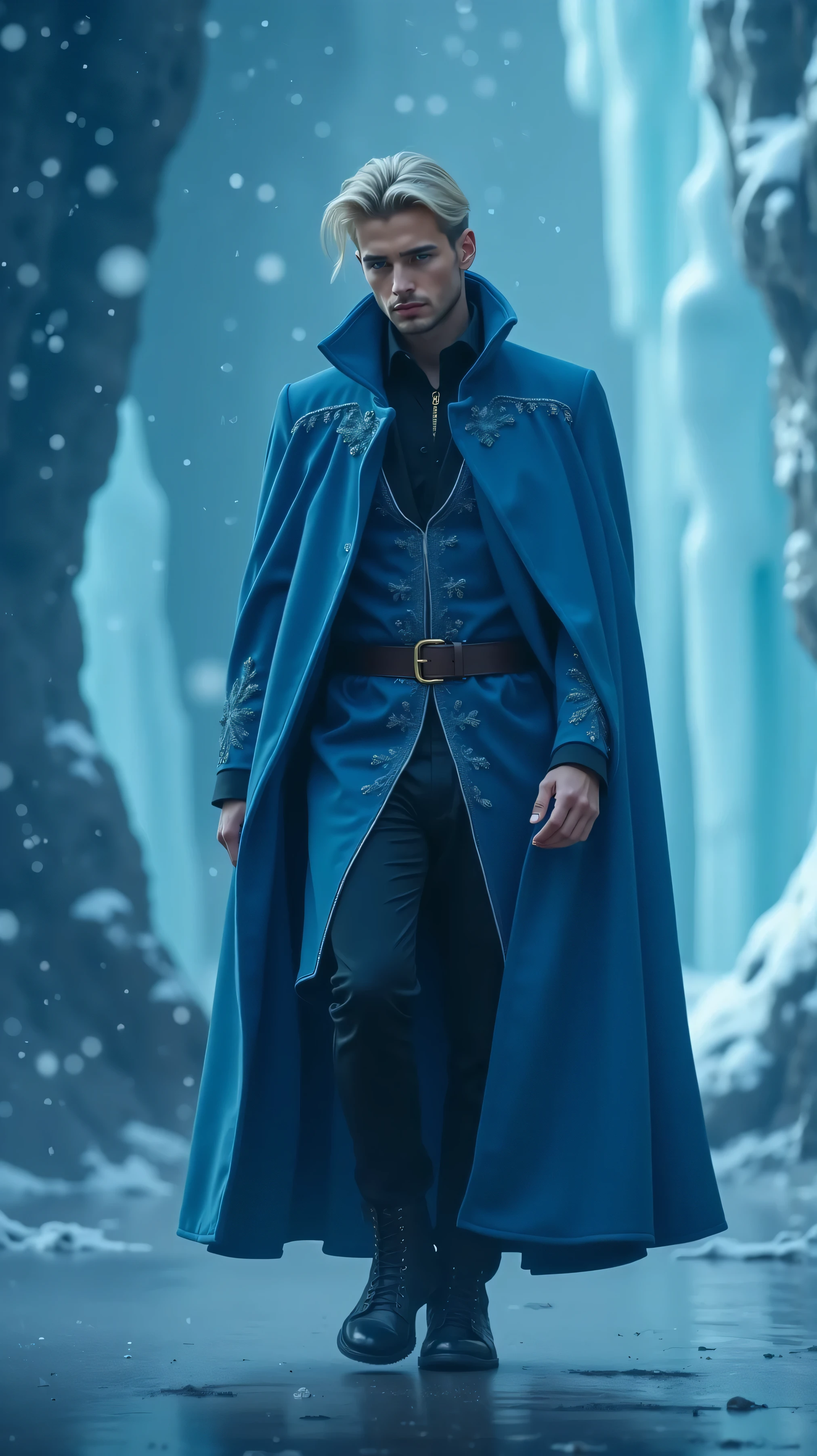A hyper-realistic, full-body shot of a regal man resembling Elsa from Frozen, dressed in a masculine version of Elsa’s signature ice-blue gown. His outfit features a tailored ice-crystal-embroidered coat with a flowing cape, intricate frost patterns on the sleeves, and elegant icy boots. His platinum blonde hair is swept back, and his piercing blue eyes exude power and grace. He walks forward with confidence, conjuring a subtle icy mist around him. The scene is set in a breathtaking Frozen landscape—towering ice formations, a shimmering frozen lake reflecting the northern lights, and snow gently falling. The image is ultra-realistic, rendered in 8K, with cinematic lighting capturing every fine detail of the character’s outfit and the frosty surroundings.