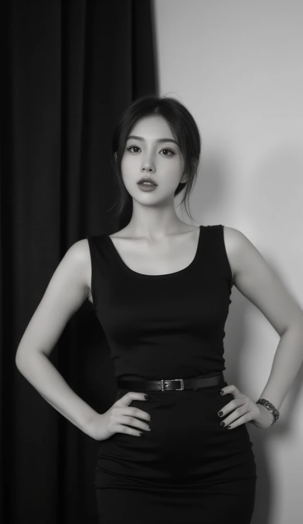 arafed woman in a black dress standing in a field of tall grass, large breasts, cleavage, erotic, a black and white photo inspired by Kim Deuk-sin, tumblr, digital art, seseon yoon, jiyun chae, ji-min, jingna zhang, editorial photograph, shin min jeong, taejune kim, sangsoo jeong, gorgeous young korean woman