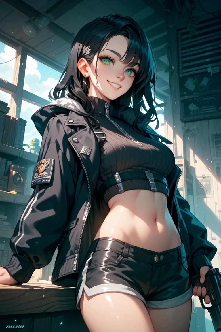 (extremely details CG、Unity、8K Wallpapers)、(extremely delicate and beautiful)、(​masterpiece)、(top-quality:1.0)、(超A high resolution:1.0)、beautiful  lighting、perfect lightning bolt、realistic shadow、[hight resolution]、Detailed skin、ultra-detailliert、detailed faces and eyes、Realistic green eyes、Sharp pupils、cowboy  shot, outside 、Evening glow、beauitful face、blurry backround、shinny skin、Side Up、Beautiful long black hair、Blunt bangs、Green Eyes、(Katyusha:1.2)、leather jacket、perfect big breasts, Sitting on a desk、(Opening legs、You can see light panties.:1.2)、Gentle smile、
