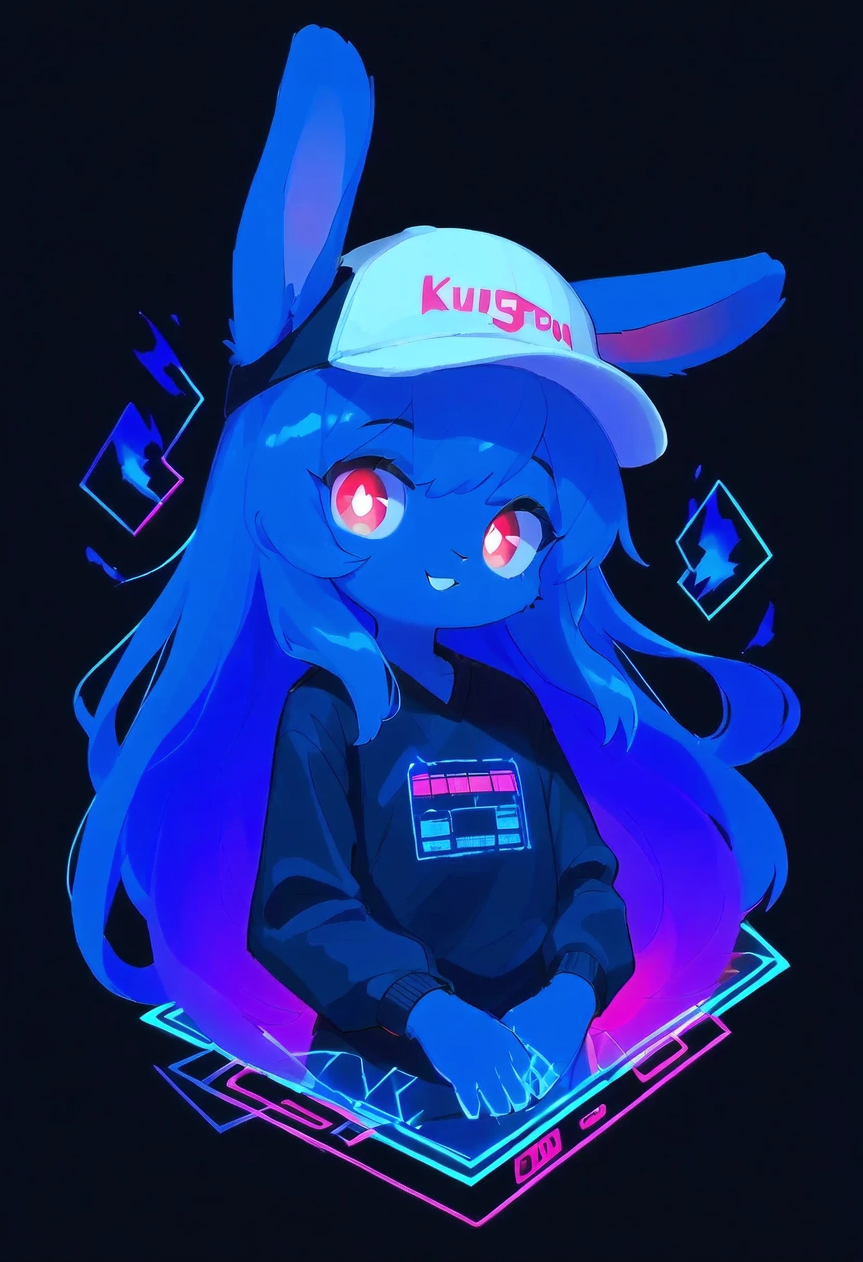 [KuroRabbi🐰] [Cyber 👾 Style Draft 2 Test*] -black background,ultra detailed(sketch:1.2),graphite,(monocolour:1.3), solo, score_9,score_8_up,score_7_up,score_6_up,score_5_up, ,, highres,8k,official art, solo, (KuroRabbi, rabbit, anthro, DTkr, furs, buckteeth, slender, blue fur, paw) ,looking at viewer, wearing futuristic cyber Japanese clothing, glowing eyes, wearing black_mask, wearing white cap, long white_hair, emo_hair white, cyber_holograms, cyber_gun, hologram effects, hologram ritual, glowing, side view, cool expressions,