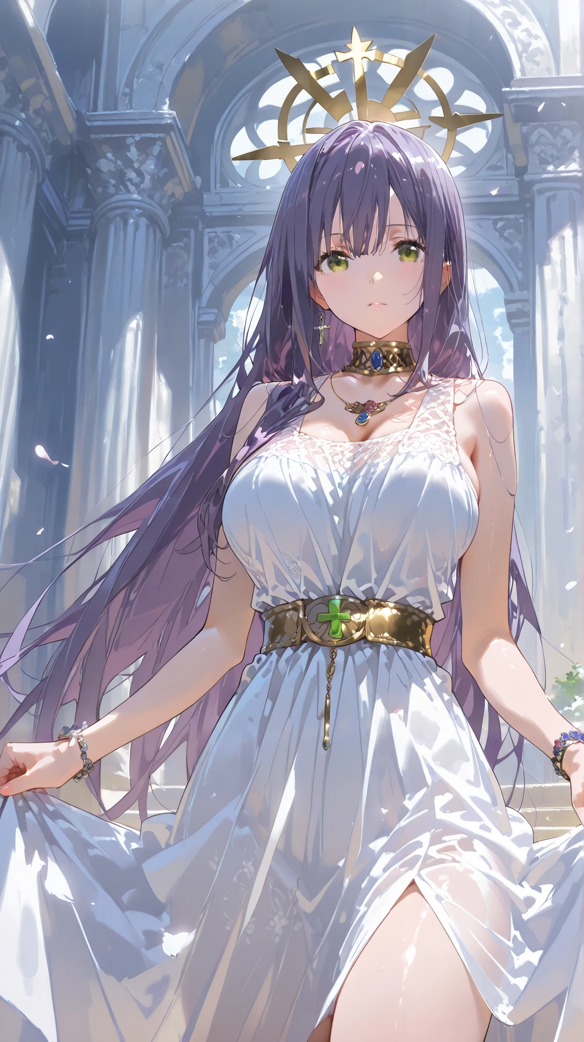 better quality , masterpiece , looking at the viewer, absurdres,1 girl, score_9, score_8_above, score_7_above,source_ anime ROMPS Sasha , green eyes, purple hair ,long hair, Big breasts, white dress1, dress, neckline, Petal bracelet, Golden belt, jewelry, lyrics, wallpaper , side opening, high opening, cross opening , Absolute Field , thighs,Architecture of Greece,outdoor, sunny, natural light