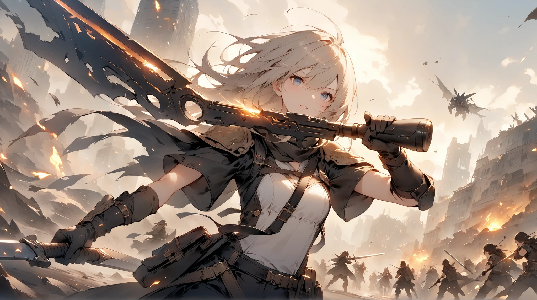 fantasy around the eyes。Hero with Sword。enemy。Cooperate with peers。city。fight。Focus on the face。wasteland。gun。female