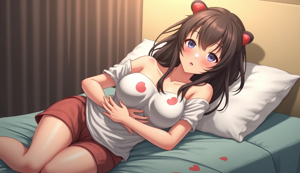 masterpiece,highest quality,High resolution,Very detailed,yes,Long Hair,Braiding,Twin tails,Hair between the eyes,Hair Ribbon,hair ornaments,(Big Breasts:1.5),(Yellow off-the-shoulder pajamas with white sleeves:1.2),bed,Embarrassed look,No pants,Sweat,Wet,Red Eyes、Open your mouth a little、(The face blushes:1.5)、Beautiful eyes、Pants are pink、Legs are closed、(lie on one's back)
