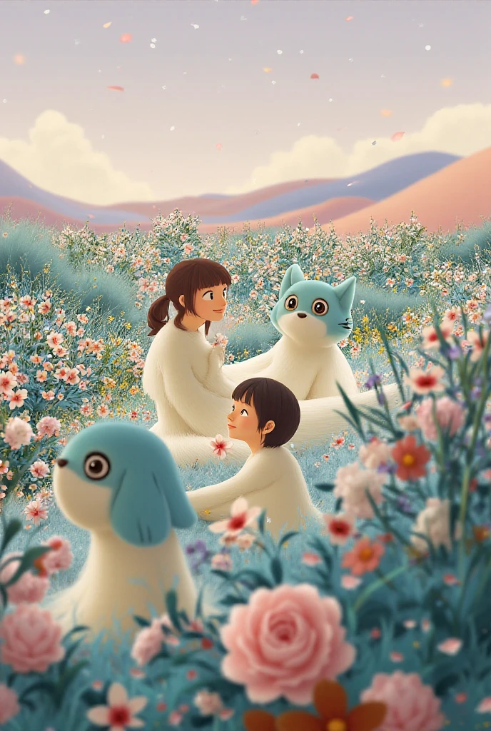 Fairy-tale style, white powder tones,light background,a big white dog, playing with a cute Chinese baby, The girl has black hair and big,watery eyes, They were very excited and dressed in dreamy light blue, white and orange clothes,zbrush,C4D,clay style, hyper-realistic oil painting, brilliance.,exaggerated perspective shadows,realistic, 8kar 3:4 --s 400 --niji 5 --auto