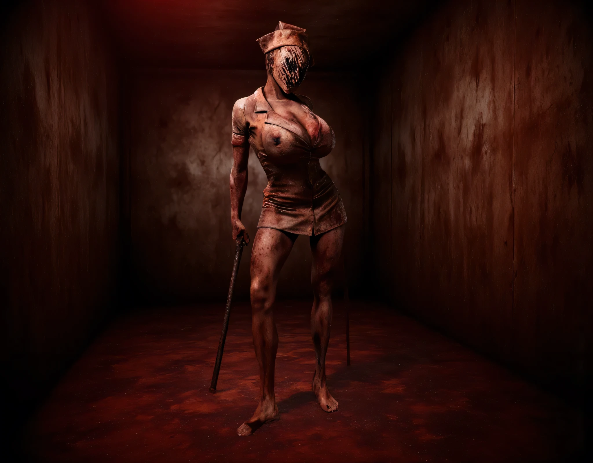 **Prompt:** wide angle, Create a hyperrealistic digital artwork depicting a chilling nightmarish vision inside a dark, rust-covered iron corridor. The focal point of the composition features a zombie-like curvy female nurse, realistic human anatomy. Her blood-stained uniform tattered and haunting, as she is dragging her foot and walking limp in the middle of rusty narrow corridor holding and dragging an iron rusty pipe that glints ominously in the subdued low-key light. Employ a wide panoramic camera angle to accentuate the oppressive atmosphere, showcasing intricate textures and details, evoking the unsettling vibe of the Silent Hill and 'jacob's ladder' universe. Use harsh reddish vibe that casts menacing shadows, enhancing the horror aesthetic with stark contrasts against the rusty backdrop. The final render should utilize octane 3D techniques to achieve a breathtaking level of detail and depth of field, achieving a RAW photographic quality that encapsulates both the terror and unsettling beauty of this macabre moment. Let the scene pull viewers deeper into its surreal and horrifying ambiance.