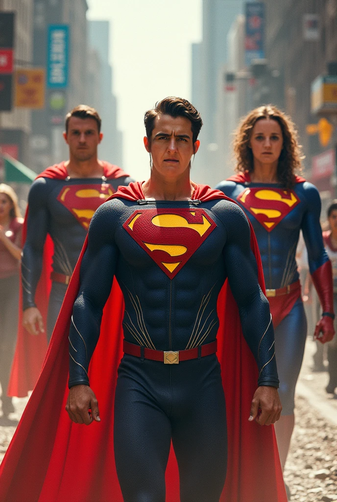 3 men. 2 women. Blue suit. heroic. Number five on the chest