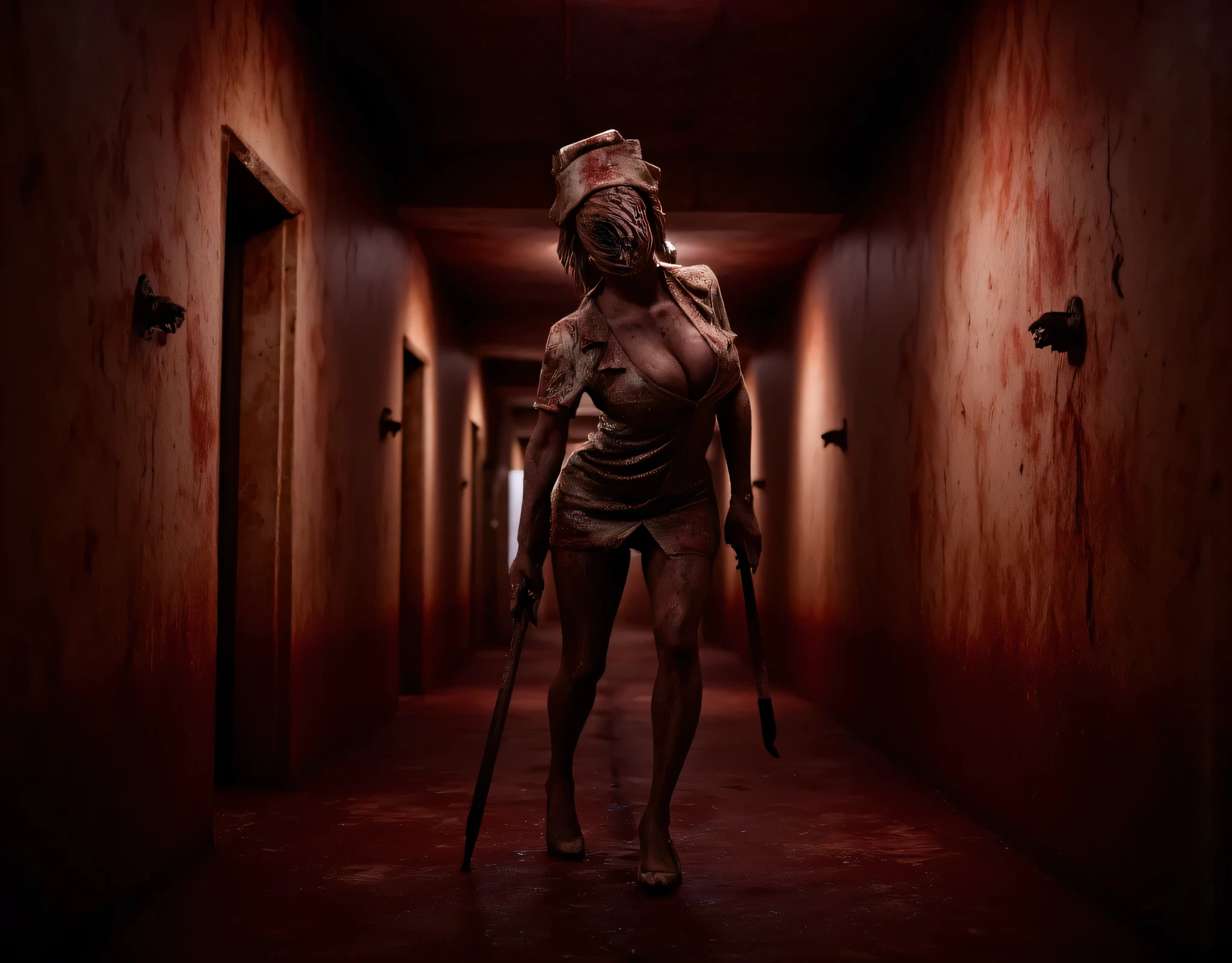**Prompt:** wide angle, Create a hyperrealistic digital artwork depicting a chilling nightmarish vision inside a dark, rust-covered iron corridor. The focal point of the composition features a zombie-like curvy female nurse, realistic human anatomy. Her blood-stained uniform tattered and haunting, as she is dragging her foot and walking limp in the middle of rusty narrow corridor holding and dragging an iron rusty pipe that glints ominously in the subdued low-key light. Employ a wide panoramic camera angle to accentuate the oppressive atmosphere, showcasing intricate textures and details, evoking the unsettling vibe of the Silent Hill and 'jacob's ladder' universe. Use harsh reddish vibe that casts menacing shadows, enhancing the horror aesthetic with stark contrasts against the rusty backdrop. The final render should utilize octane 3D techniques to achieve a breathtaking level of detail and depth of field, achieving a RAW photographic quality that encapsulates both the terror and unsettling beauty of this macabre moment. Let the scene pull viewers deeper into its surreal and horrifying ambiance.