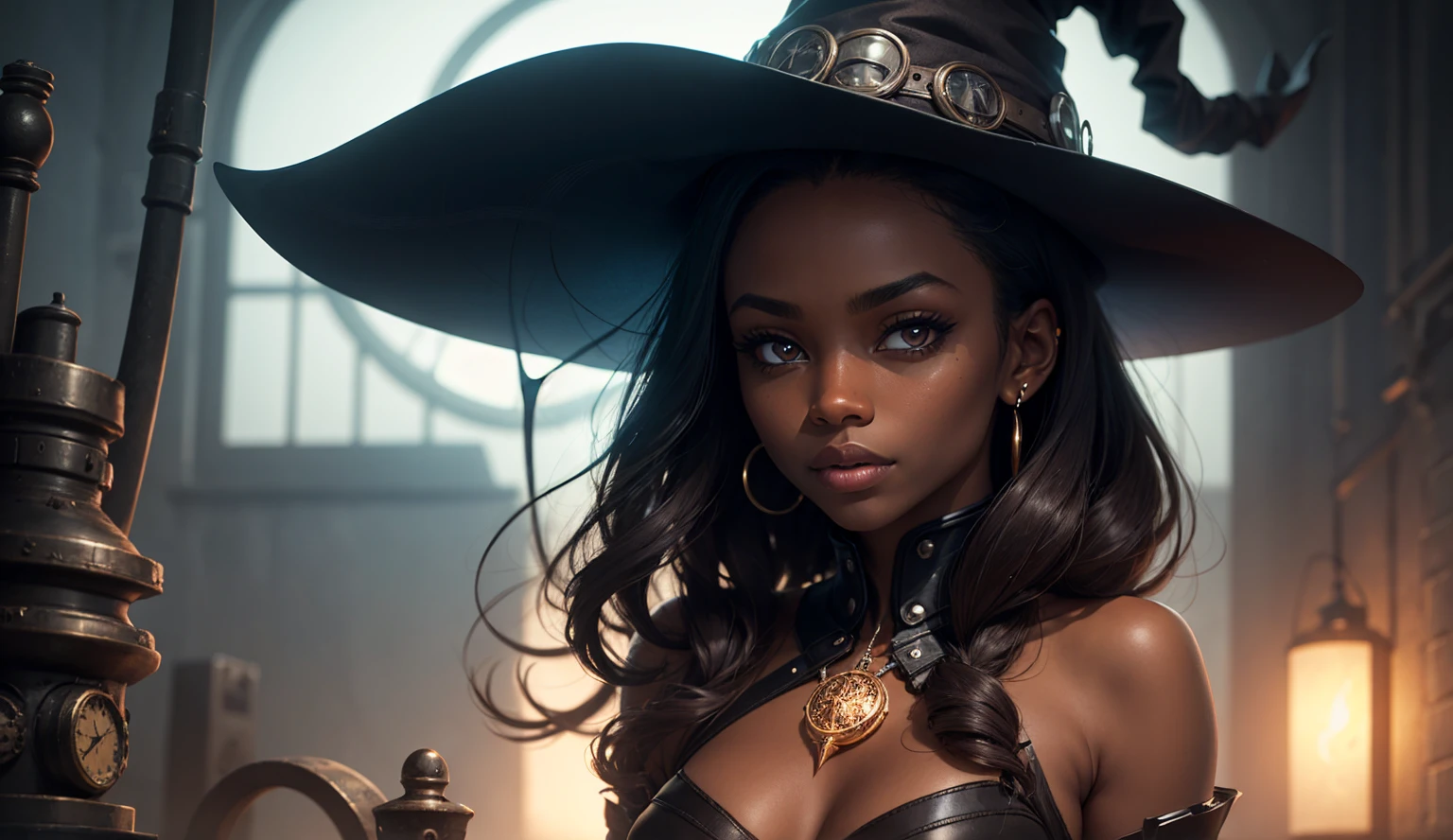 obra maestra, mejor calidad, senna , bestida de bruja, sombrero de bruja, contra la pared, mirando al espectador, pose sexi, ropa sensual, cuerpo completo, fondo magia oscura