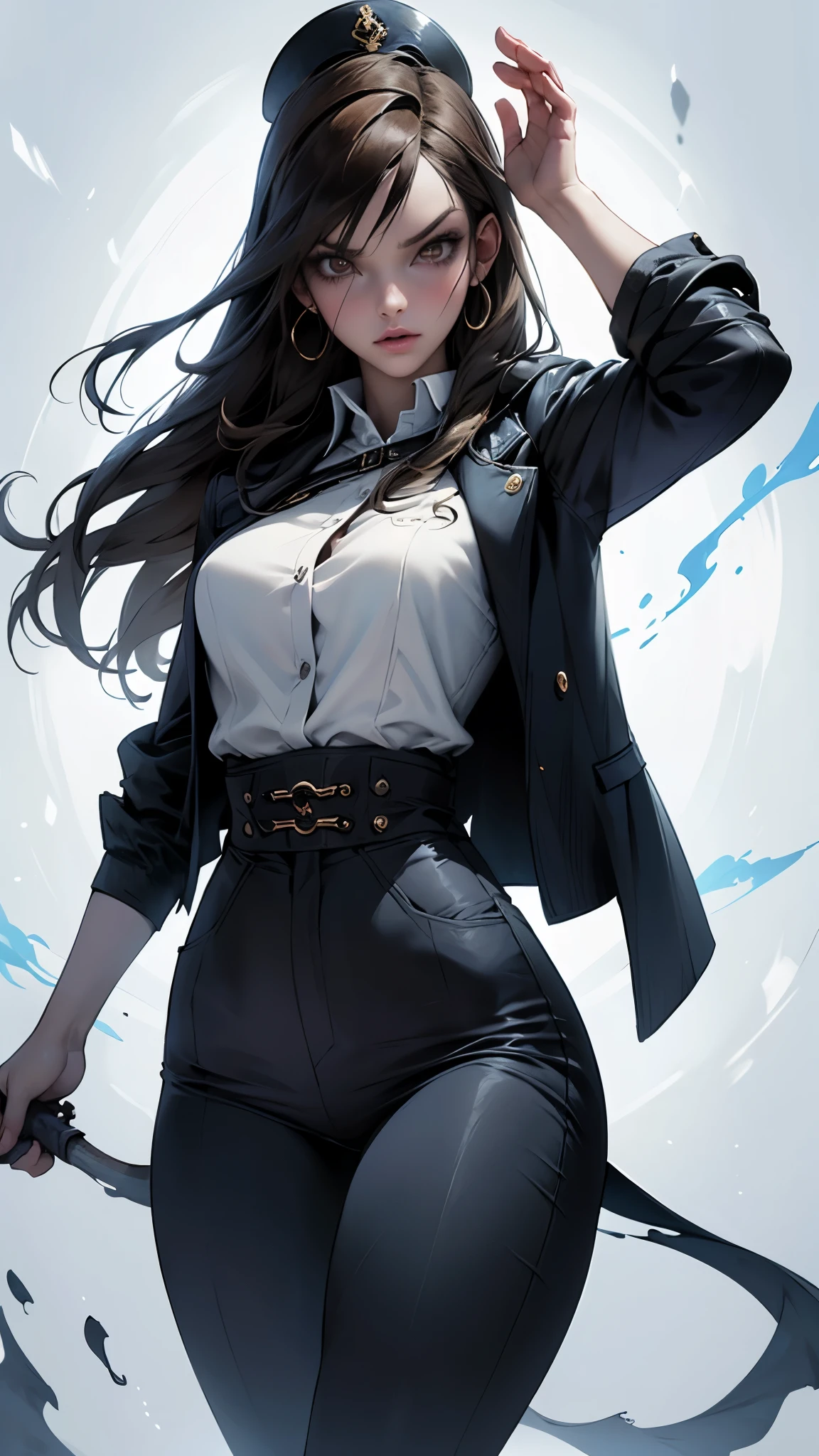 Masterpiece: 1.6, best quality: 1.4, live image: 1.2, intricate details: 1.2, charturnerv2: 1.2,
Appearance: (1girl character) milf: 1.25, thin: 1.3, light blue eyes, medium breasts, medium ass, detailed eyes, quality eyes,
Clothing: black ubuttoned shirt with rolled up sleeves, black pants,
Accessories: simple earrings, holding a Holy sword fighting,
Hair: black hair, half long hair,
Makeup: natural, shiny skin,
(space background: 1.3)