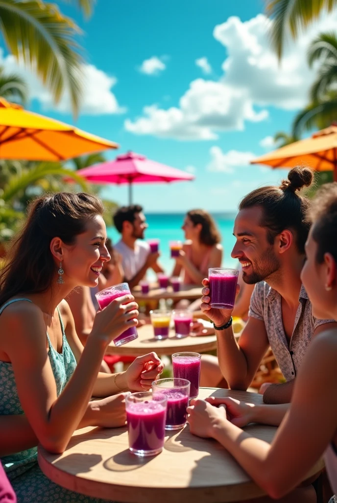 Man and Girlfriend 25 to 35 years old, On the beach blonde hair brown eyes eating acai , with friends Ultra HD, high qualiy, best qualityer, high resolution, 8k, 16K