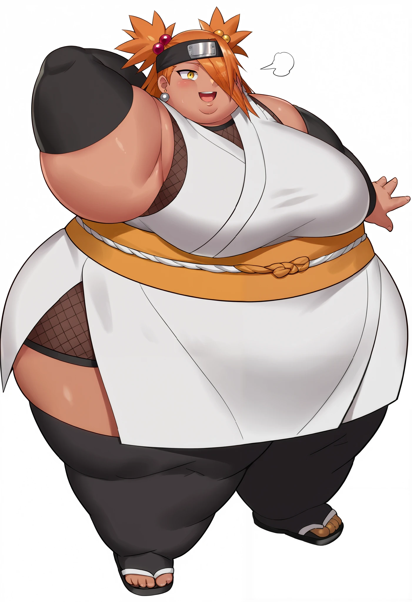 score_9, score_8_up, score_7_up, score_6_up, score_5_up, score_4_up, BREAK, source_anime,
chouchou akimichi, 1girl, curvy, fat, dark-skinned female, hair over one eye, two side up, long hair, orange hair, yellow eyes
hair bobbles, white kimono, short kimono, sleeveless kimono, yellow obi, orange sash, fishnets, detached sleeves, black thighhighs, forehead protector, jewelry, earrings,
Full body shot, smile, upper body, looking at viewer, solo, simple background, white background, anime screencap, anime coloring fat, chubby, obese, gigantic arms and legs, large breasts open mouth, out of breath