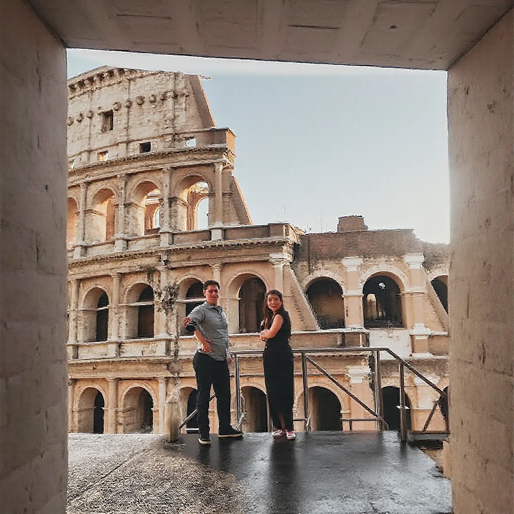 There are two people in front of a large arena, No Coliseu, em um coliseu, rome backdrop, vacation photo, Tyler Edlin e Natasha Tan, Coliseu, Ruins in the background, em uma paisagem de arena de gladiadores, Coliseu, Roma no fundo, divertindo-se, Foto tirada em 2018, Cidade eterna