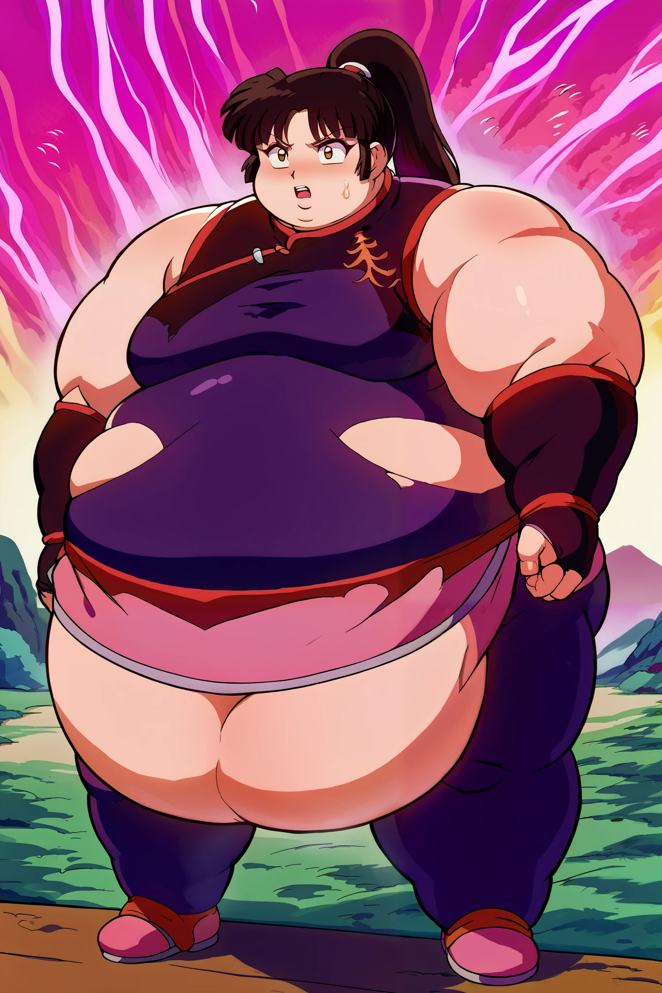 Girl becoming a monster, becoming a troll, fat, chubby, obese, score_9, score_8_up, score_7_up, source_anime,
inuyashasango,
sango, long hair, black hair, brown eyes, retro artstyle,
ponytail, armor, ripping bodysuit, pilot suit, big ears, big nose, big lips, 900 pounds, 10 ft tall, hunchback, broad shoulders, big belly, full body shot, fupa,. open mouth, hypnotized, purple mist, torn clothes, chubby face, fat face, swollen face, double chins, puffed out cheeks