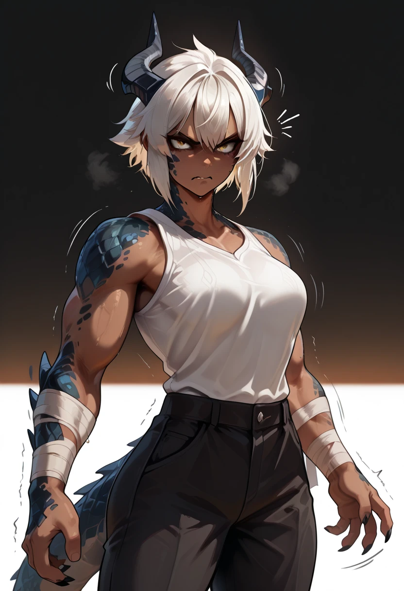 A girl with short white hair, hot girl with blue eyes fighting with goblins 