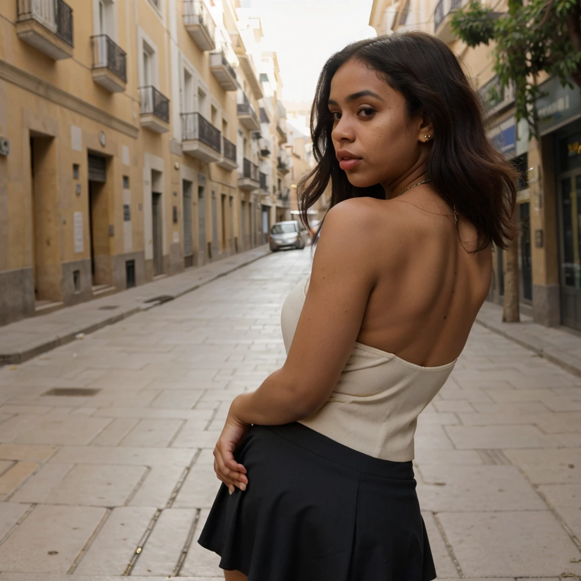 An impressive Mexican woman, her personality recalls the timeless charm of Mexico. His eyes, full of stories, his eyes are a slight shade of green, releasing wisdom with a touch of mischief. Her lips, rich and red, reflect the vitality of a mexican women. she will be on a Parisian balcony in the center of Paris from the back, and she will be posing with transparent clothes