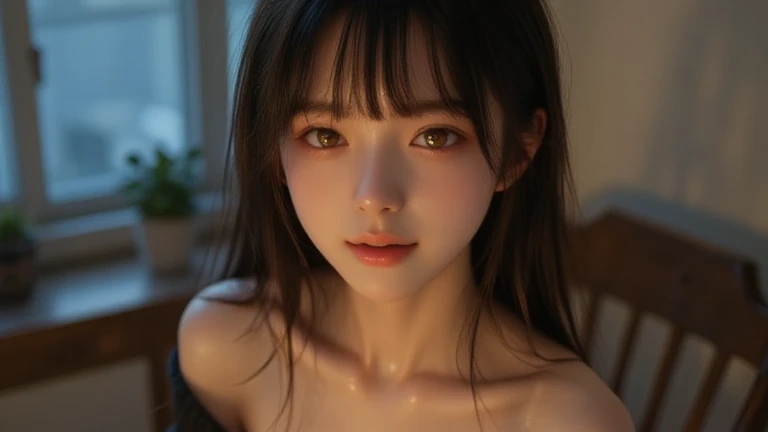 Realistic、(masterpiece、Highest quality、Highest quality、Official Art、Beautiful and aesthetic:1.2)、Very detailed、woman,people々turn black:1.2,((Backlighting:1.2)),Fractal Art、colorful、Highest detail、Tangled、(The background is bright and abstract:1.5)Silver Hair、Bright Eyes、all back、Masseter muscle area,High definition,1peopleの少女、Idol、Close-up、clavicle、picture、movie、Depth of written boundary、Jito Order、Eyes from below,Long Hair,View your viewers、Cleavage,((surrealist clothes:1.4)),Puffy eyes,Sit on,(Big Breasts)