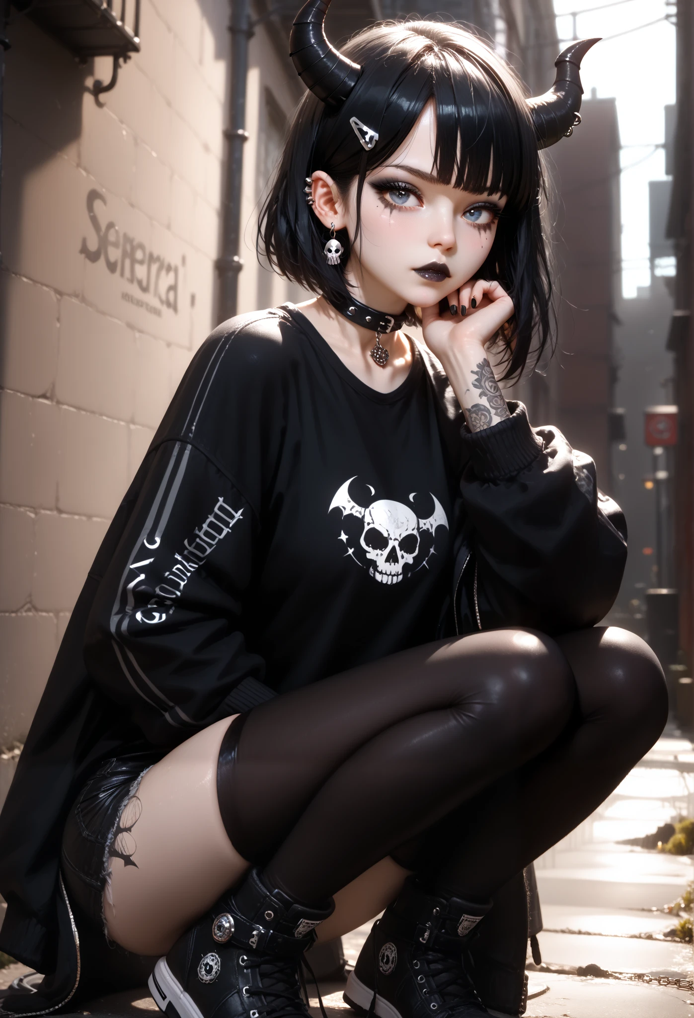 (High CT quality,4k,High resolution,mainpiece:1.2),(Very detailed,Realistic:1.37,Best quality,masterpiece, high resolution,on_body), (Tyndall effect,photorealistic, Edge lighting, Two-color lighting),(high definition skin:1.2), (8K UHD, DSLR quality, soft lighting, high quality, surround lighting, sincere, de 8K , 4K, 8K.) skinny tired girl is belong to emo/goth subculture.  She has obsidian black hair with highlighted white strands , she has a wolf haircut and long bangs that hide half of her face. She has a lot of metal hairpins, barrette, hair clips on her bangs. Her eyes are purple.  She has black Gothic makeup: black lipstick,black eyeliner and leaking mascara, black eye shadow. She has a lot of piercings and tattoos. On her neak she wears a spiky choker. She is dressed in a gray torn brand T-shirt with a skull print or metallica band, a bomber sport-jacket with set of safety pin and badges, oversized jeans with ripped holes on her knees, and gray sneakers. Her  palms is bandaged. on her forehead  two obsidian black devil horns,behind her back devilish pointy tail. she is hanging around in an alley where the walls are covered with graffiti and the passage is twisted by a chain-link fence. on the background is fogy abandoned city.