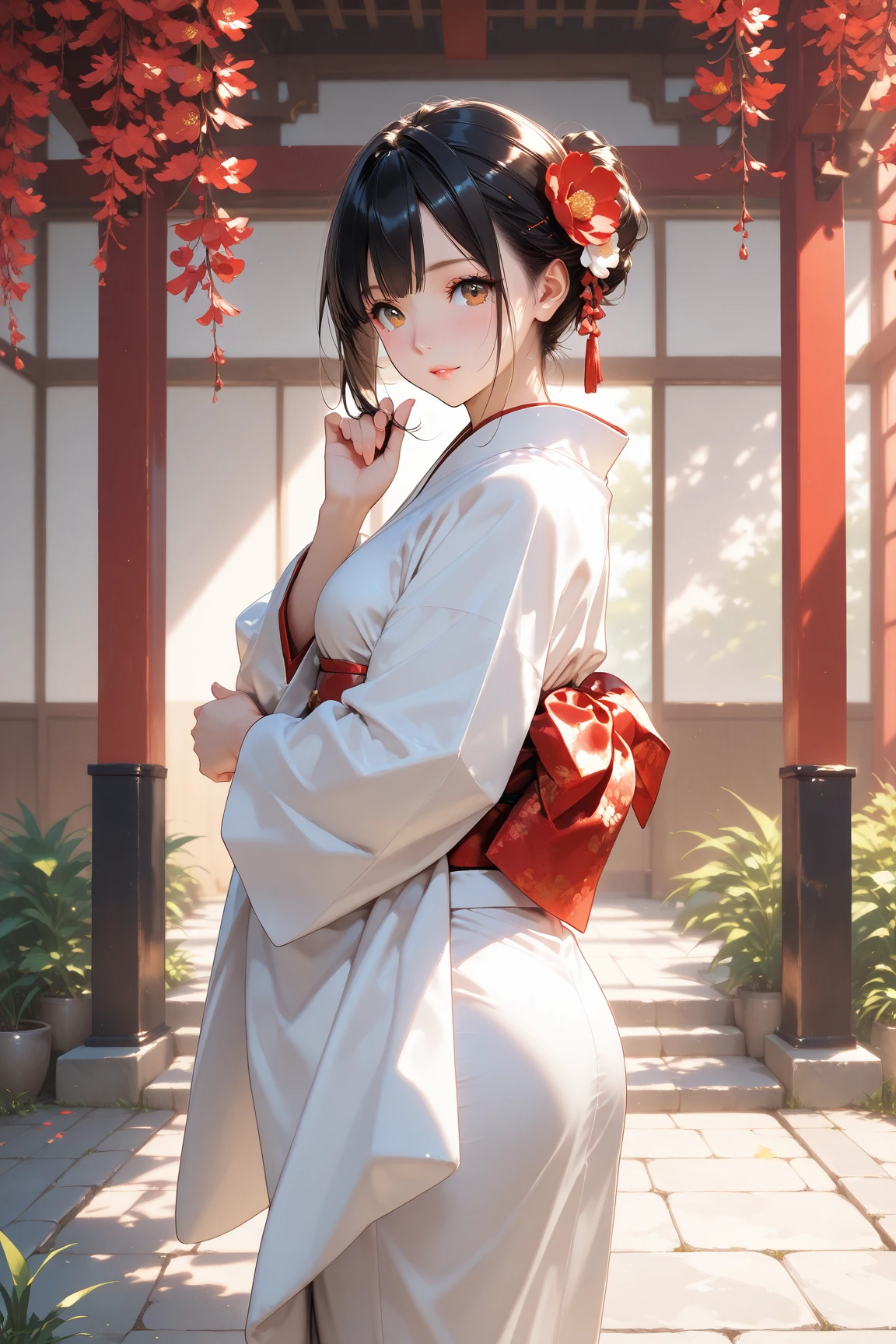 1girl, architecture, bangs, bare tree, black hair, blurry, blurry foreground, blush, branch, cherry blossoms, depth of field, east asian architecture, floral print, flower, hair flower, hair ornament, high heels, holding, japanese clothes, kimono, long hair, long sleeves, looking at viewer, looking back, open mouth, pantyhose, phone, pointy ears, red eyes, smile, solo, standing, tree, very long hair, white kimono, white legwear, wide sleeves