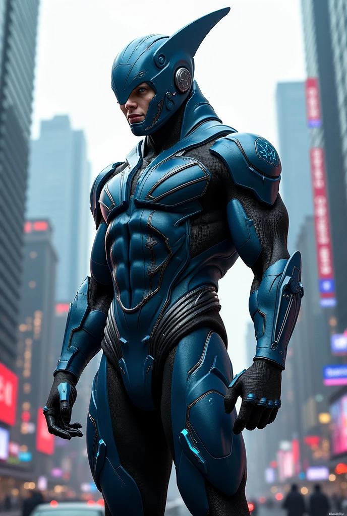 A unique and diverse superhero with light brown skin tone, inspirado em Aquaman e Pantera Negra. Ele veste um elegante terno azul escuro e dourado, with a partial face mask and a faded hairstyle. His perfect proportions and mulatto skin tone make him stand out as a Cyberpunk Edgerunner. Ele fica parado na praia, a chuva caindo ao seu redor.