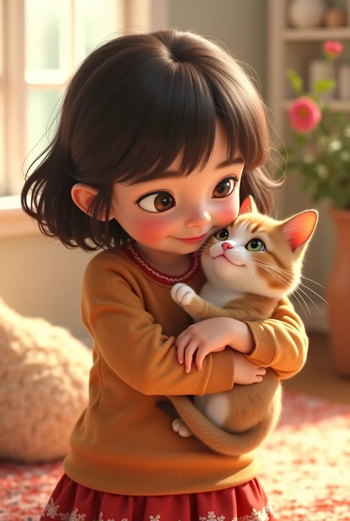 A 5 year old girl playing with a beautiful fluffy cat, happiness, happiness offers, Idyllic, magic scene, beautiful room , (Best Quality, 4k, 8k, High resolution, masterpiece:1.2), ultra detailed, (realist, photorealist, fotorrealista:1.37), warm lighting, vibrant colors, soft focus, Fairy tale, dreamer, cozy, adorable, beautiful, Capricious, elegant, charming, sereno, peaceful, innocent, comforter, Imaginative