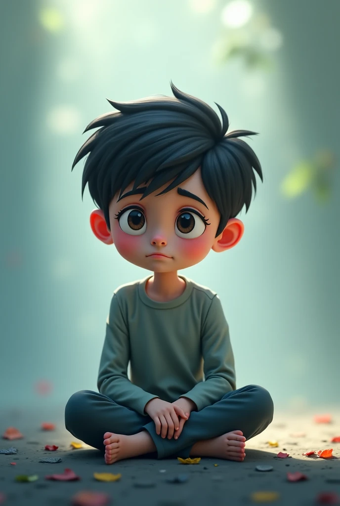 Create cinematic 3d cartoon style images "a boy sitting in tention? Colour full,vertule, yellow shirt, white pent with tention mood"