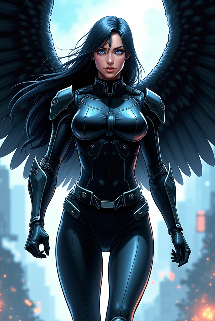 (((medium full shot))), (Masterpiece, photorealistic, photorealism, best quality, ultra-detailed:1.3), (nice hands, perfect hands), official art, cinematic light, (1girl:1.3), adult, Nyx's presence is as enigmatic as the shadows of the Neo-punk underworld. Her form is cloaked in a sleek bodysuit adorned with glowing circuitry and intricate cybernetic tattoos that pulse with a sinister energy. Her cybernetic enhancements, concealed beneath the surface of her skin, grant her enhanced agility and reflexes that border on the supernatural. Her wings, retractable and blade-like, are concealed within her suit until needed, unfolding with a metallic hiss when she takes flight. When unfurled, they spread wide, casting a menacing silhouette that strikes fear into the hearts of her enemies. Nyx's eyes, augmented with night-vision lenses, hold a gaze that pierces through the darkness with unnerving precision. Her lips, the color of midnight, curve into a predatory smile, hinting at the danger and intrigue that she embodies in the Neo-punk underworld