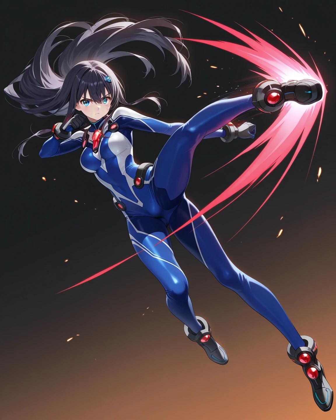 "1 girl, wearing a sleek leotard, with bare legs and boots, donning gloves, spins fast in place like a tornado, superhero."
