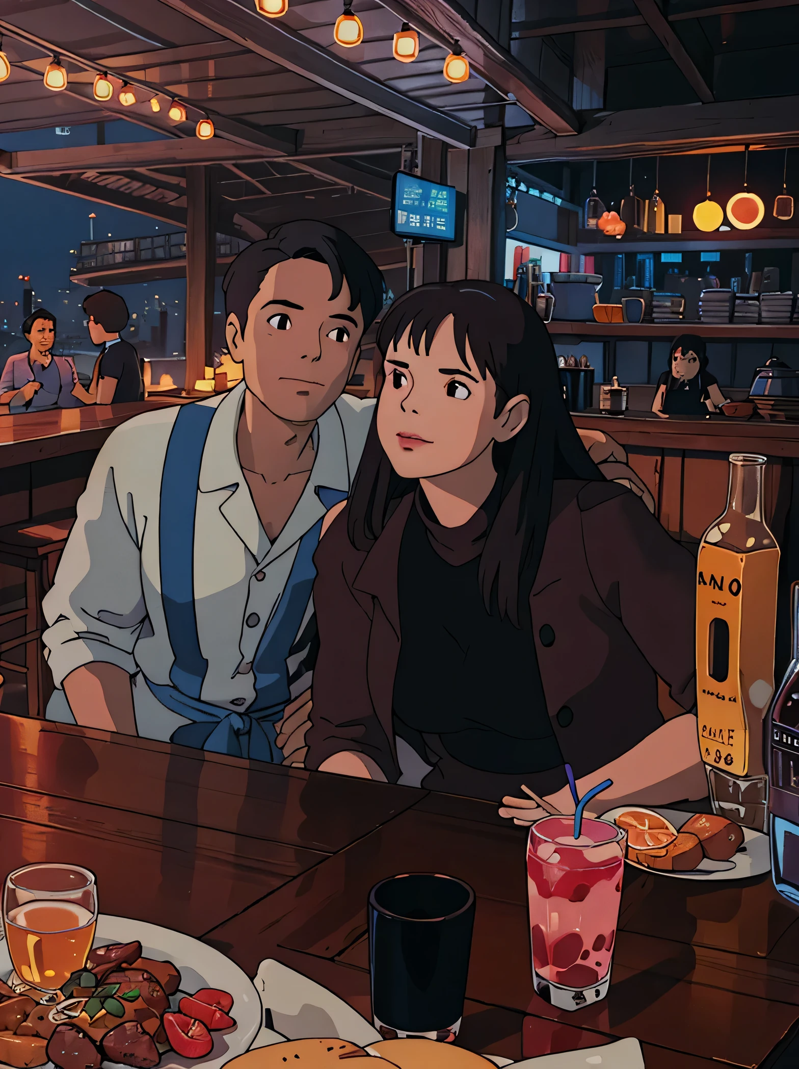 they are sitting at a table with a plate of food and a drink, by Nándor Katona, 8k 50mm iso 10, very very low quality picture, f / 1. 9 6. 8 1 mm iso 4 0, low quality photo, at future neon light rooftop, profile picture 1024px, low quality photographghibli style, ((masterpiece)),((best quality)),(detailed),Illustration,8k,colorful, high contrast