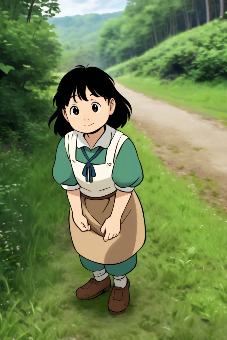 (best-lifelike-realistic) outdoors,  <lora:totoro001:.5>ghibli-style, Michiko,1girl,  black-hair, bob-cut, black-eyes,  white-shirt,short-sleeves, skirt,