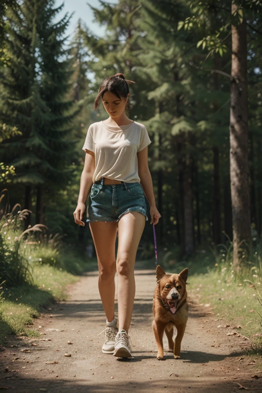 create a 3D animated picture of walking in the middle of the forest with his pet dog