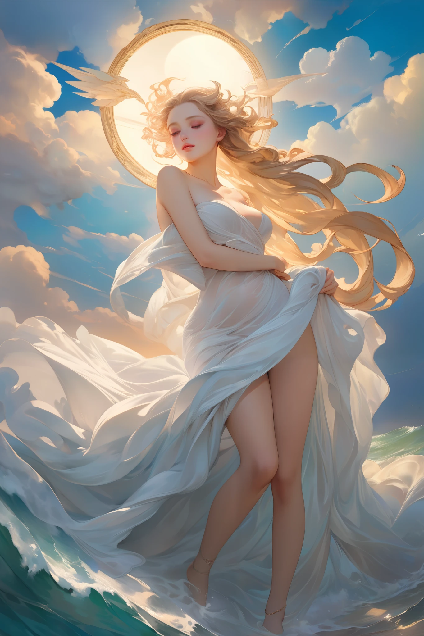 19yearsold. She has long blonde hair and white skin. Your face is sensual. Your body has many curves. Ala has big breasts and a thin waist. She wears a very short and sensual nightgown. The outfit is gold and highlights every part of your body, the outfit has a large neckline on your breasts