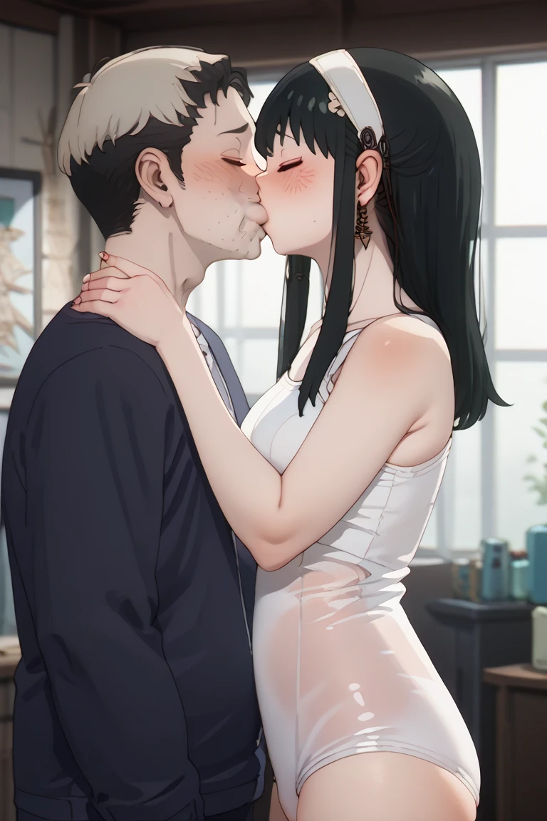 (masutepiece:1.5)、(top-quality:1.5)、(16k wallpaper:1.2)、(Photorealsitic:1.2)、(ultra-detailliert:1.2)、(超A high resolution:1.2)、(1 cool guy and 1 woman:1.4)、(A man is kissing a woman:1.4)、super-detaild skin、Detailed and clean eyes、(Inside the elevator:1.1)、Natural Color Lip、(White off-shoulder knit:1.2)、(Black leather miniskirt and knee-length boots)、Semi-long bob hair、large full breasts、Shy smile、Crowd of men、Closing both eyes