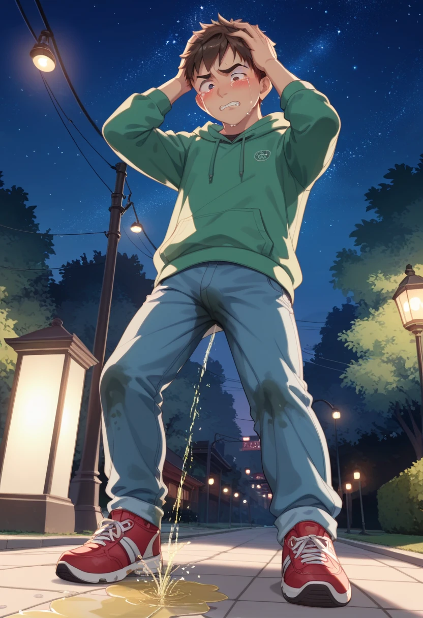 ((solo, 1boy,)), full body, standing, green hoodie, blue pants, red sneakers short hair, bangs, dark brown hair,, ((peeing self, wetting self, pee stains, puddle)), night time, park background, under street lights, starry sky, outdoors, ((seen from below, dynamic angle)), blushing, penis bulge, (looking down, blushing, clenching teeth, fear sweating, crying, shocked expression, hands on head, standing)