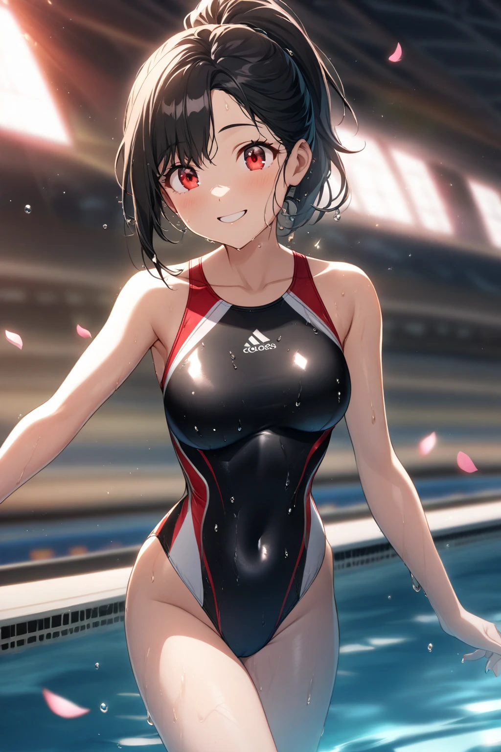 (kanbarusuruga),1girl, solo, brown eyes, smile, short hair,l ooking at viewer, bandages, naoetsu high, smile, short hair, medium breasts, (red and blue competition swimsuit), (wet: 1.2), cowboy shot, standing, spread legs, pool, dutch angle